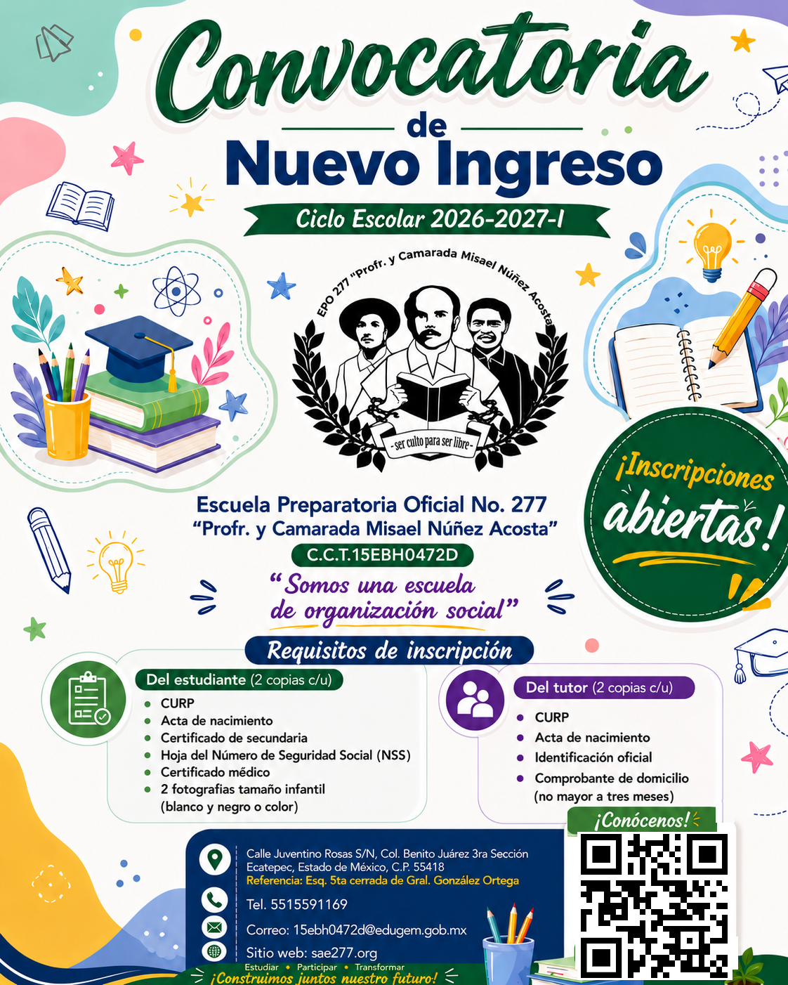 Convocatoria de nuevo ingreso 2026-2027-I de la Escuela Preparatoria Oficial No. 277