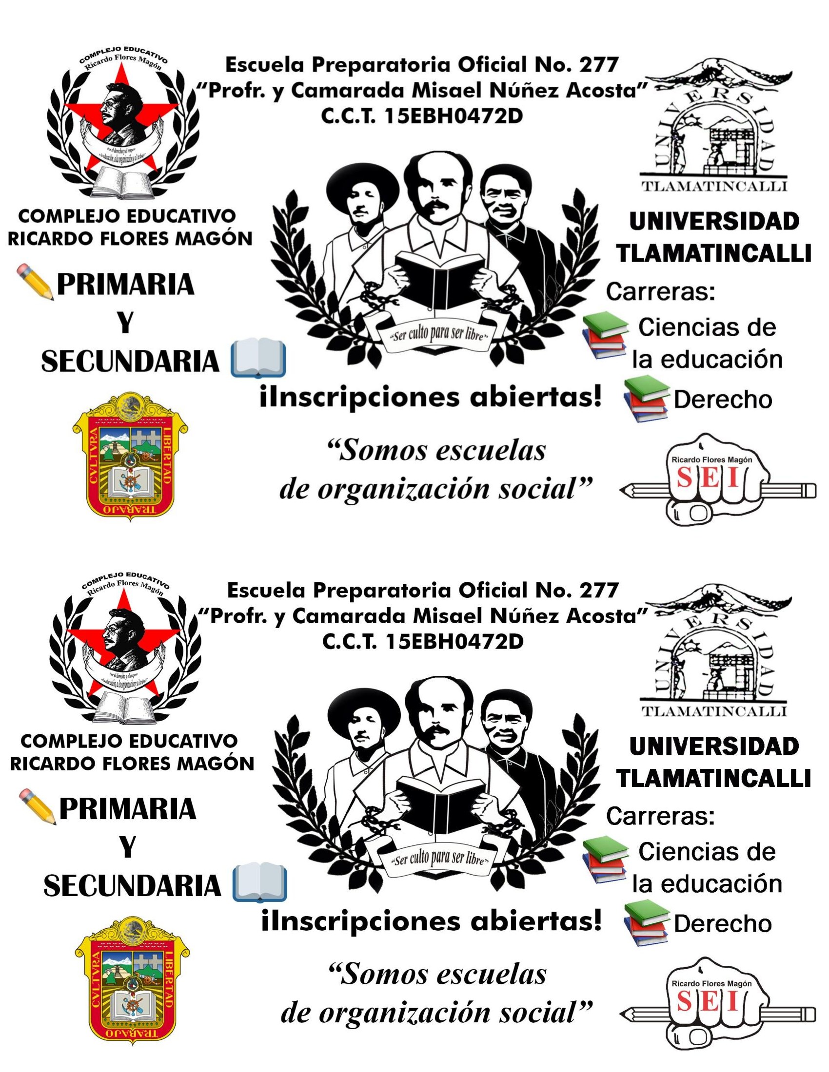 Volante informativo frente de escuelas de organización social con anuncio de inscripciones abiertas